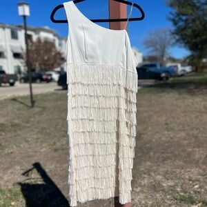 Vintage 60s White Ivory Elegant Glamorous Feminine Fringe Dress, Medium